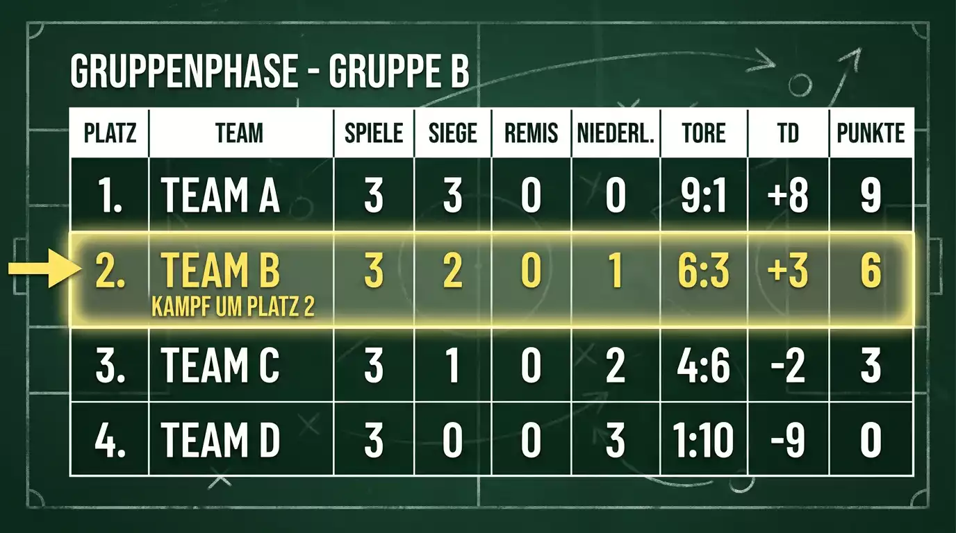 Taktiktafel-Grafik mit der Tabelle der WM-Gruppe J und Pfeilen, die das entscheidende Spiel um Platz zwei markieren