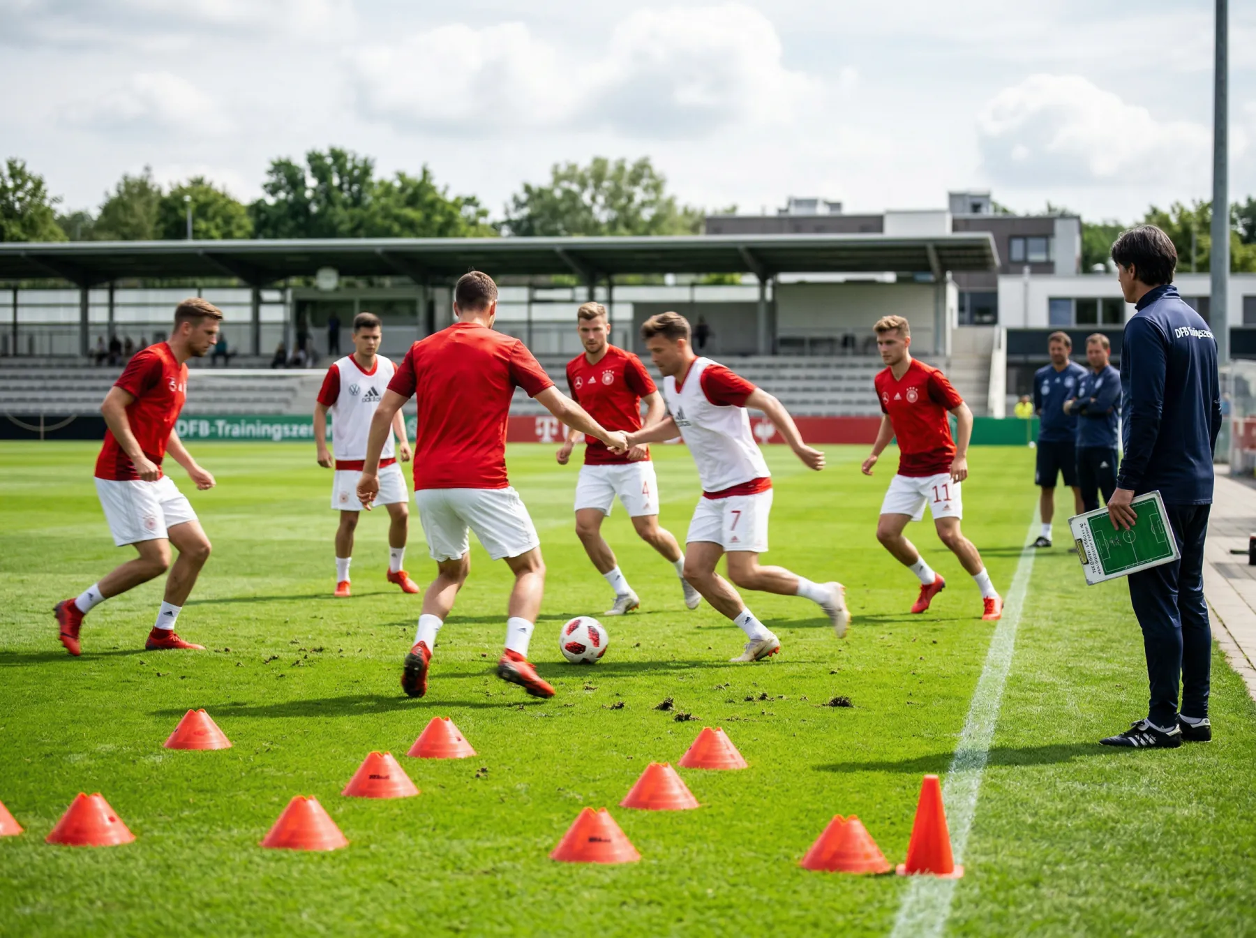 Spieler der österreichischen Fußball-Nationalmannschaft beim Training auf dem Rasen vor einem WM-Spiel