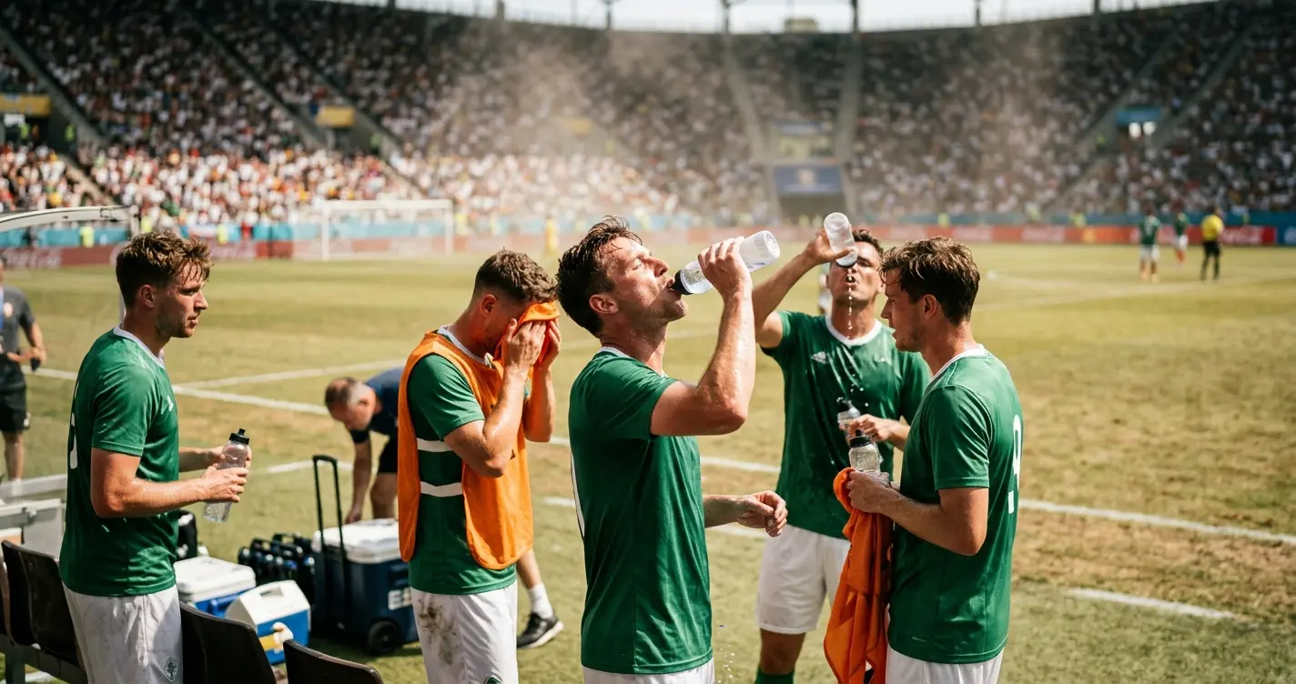 Fußballstadion unter gleißender Nachmittagssonne, flimmernde Hitze über dem Rasen, Spieler an der Seitenlinie trinken während einer Kühlpause