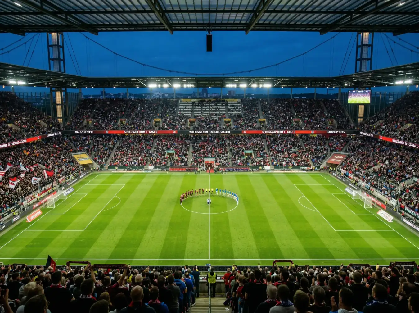 Panoramablick auf ein voll besetztes Fußballstadion bei einem WM-Gruppenspiel mit Flutlichtbeleuchtung