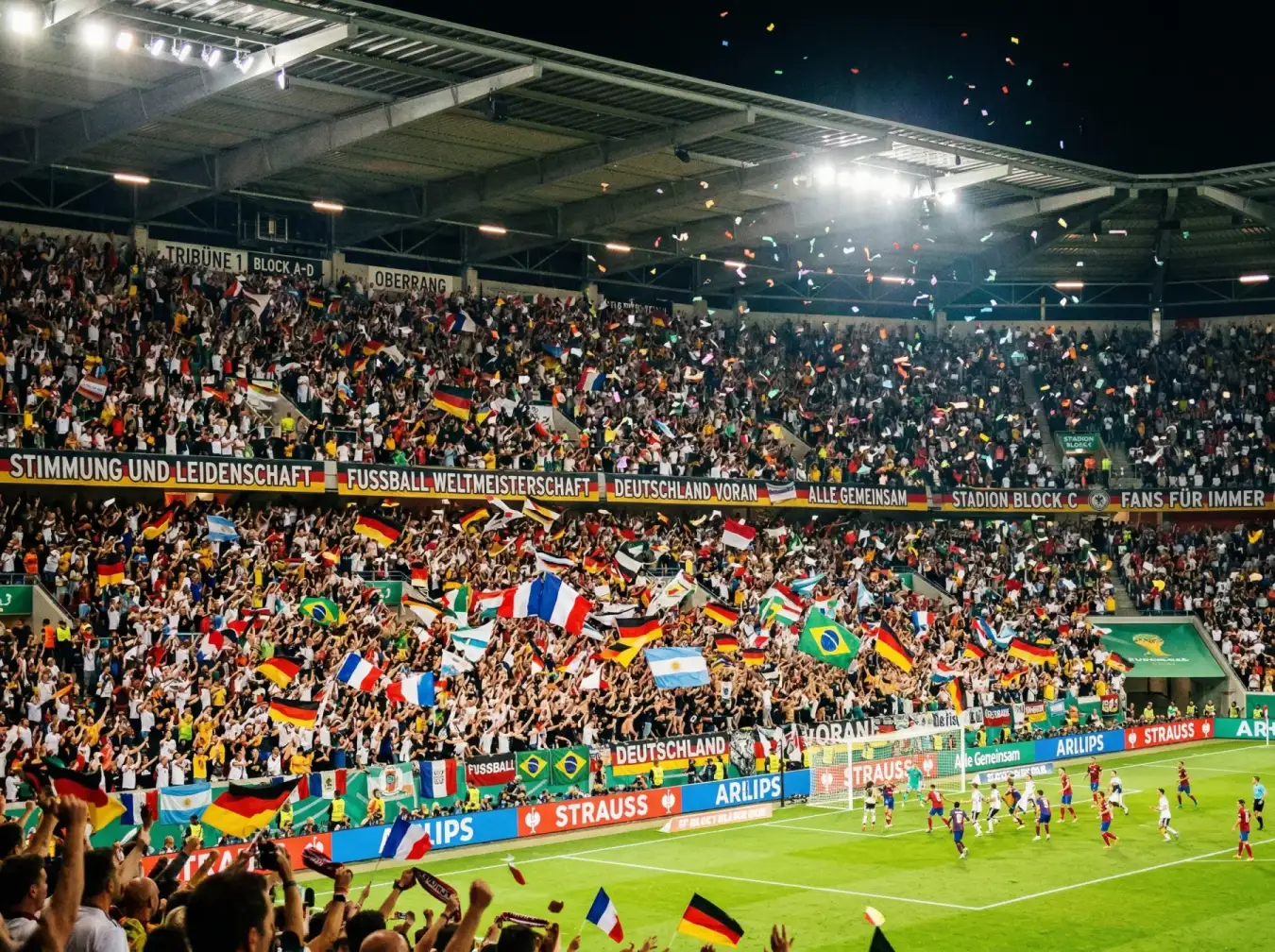Begeisterte Fußballfans in einem WM-Stadion schwenken Nationalflaggen während eines Gruppenspiels