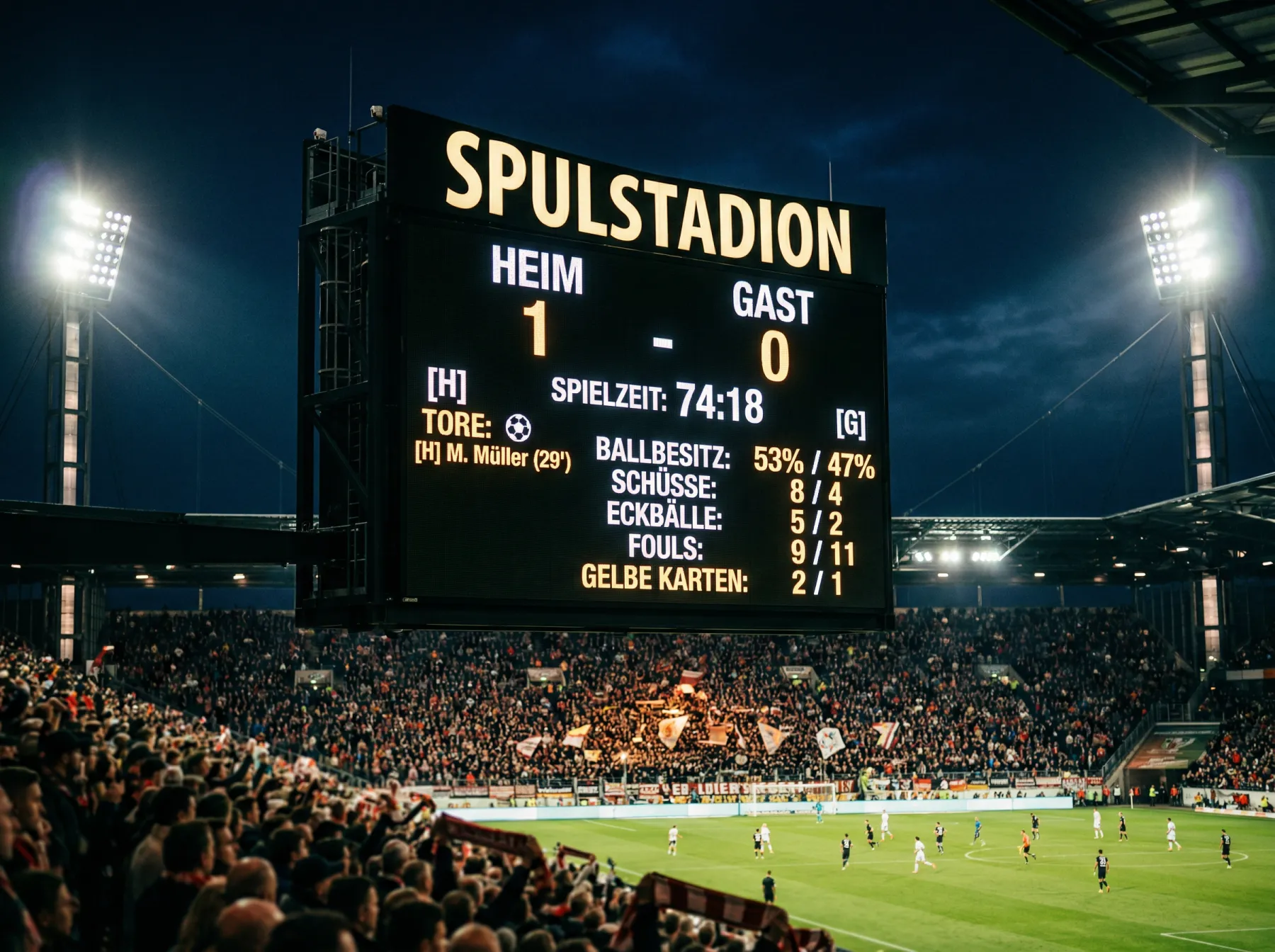 Digitale Anzeigetafel in einem Stadion mit Spielstand und Statistiken während eines WM-Fußballspiels
