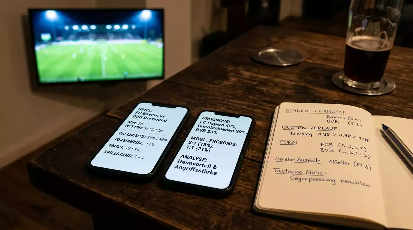Mehrere Smartphones und ein Notizblock mit Quotenlisten auf einem Tisch, im Hintergrund ein laufendes Fußballspiel auf einem Bildschirm